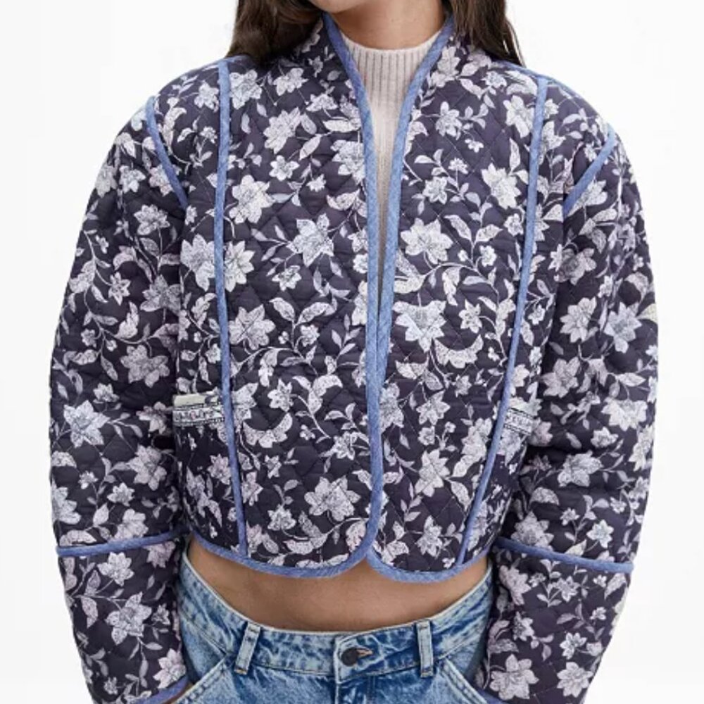 Mango reversible quilted jacket in blue and white floral, size M/L